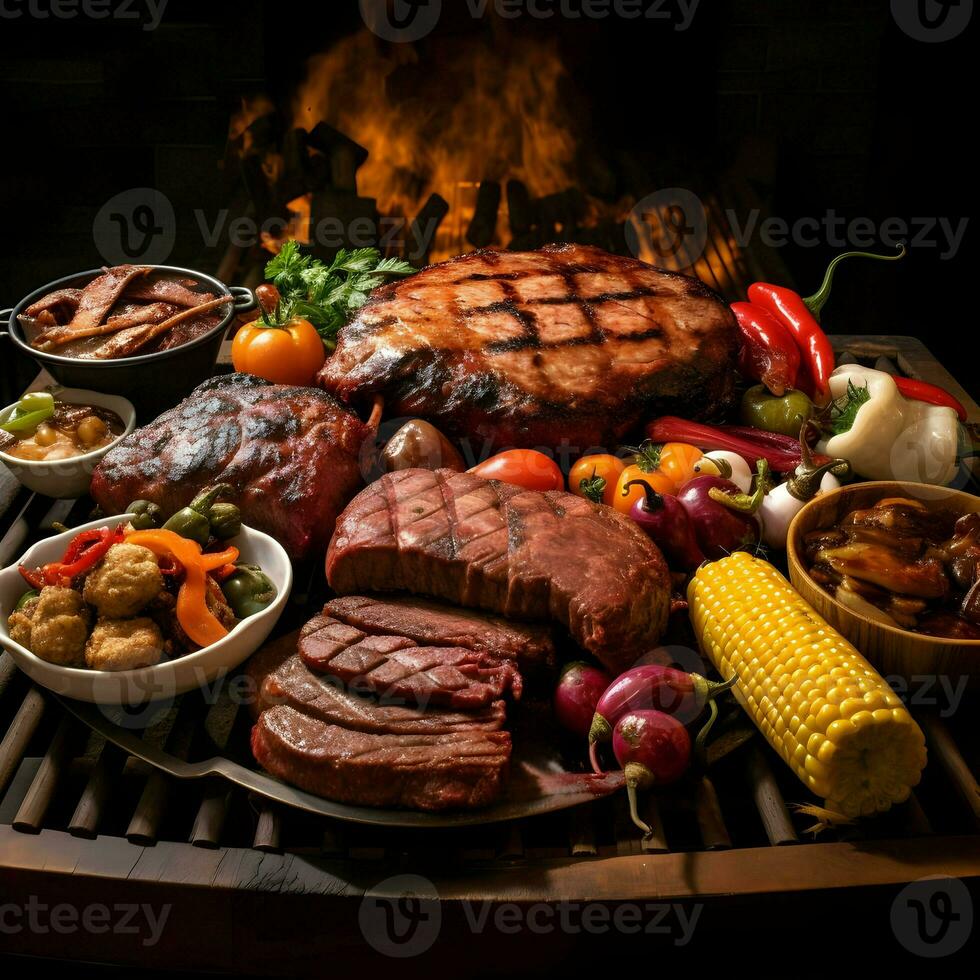 A grill with a variety of meats on it and a variety of vegetables. High quality. AI Generative photo