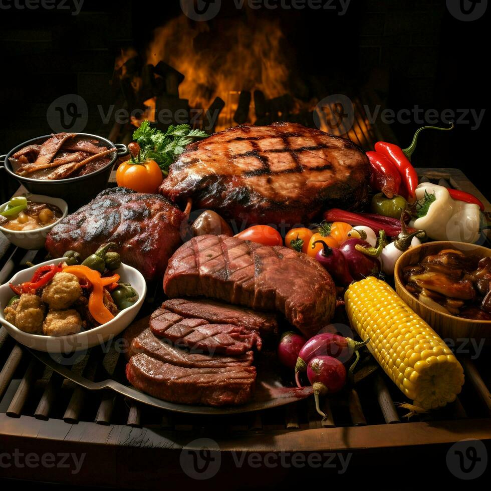 un parrilla con un variedad de carnes en eso y un variedad de vegetales. alto calidad. ai generativo foto