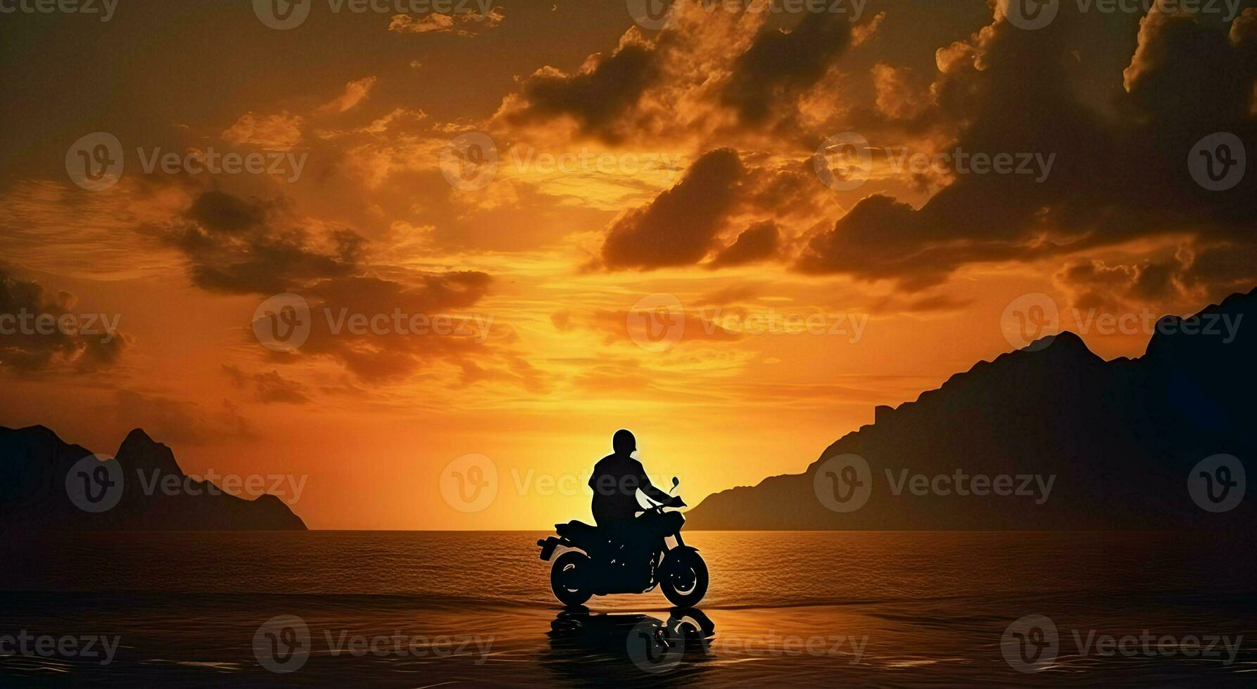 Side view silhouette of a biker with a background of the sea. High-resolution. AI Generative photo