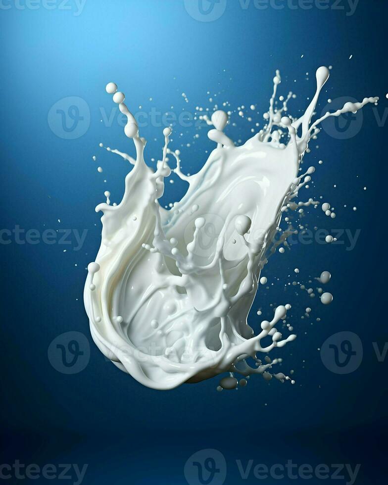 Splash of milk or cream isolated on a blue background. High-resolution. AI Generative photo