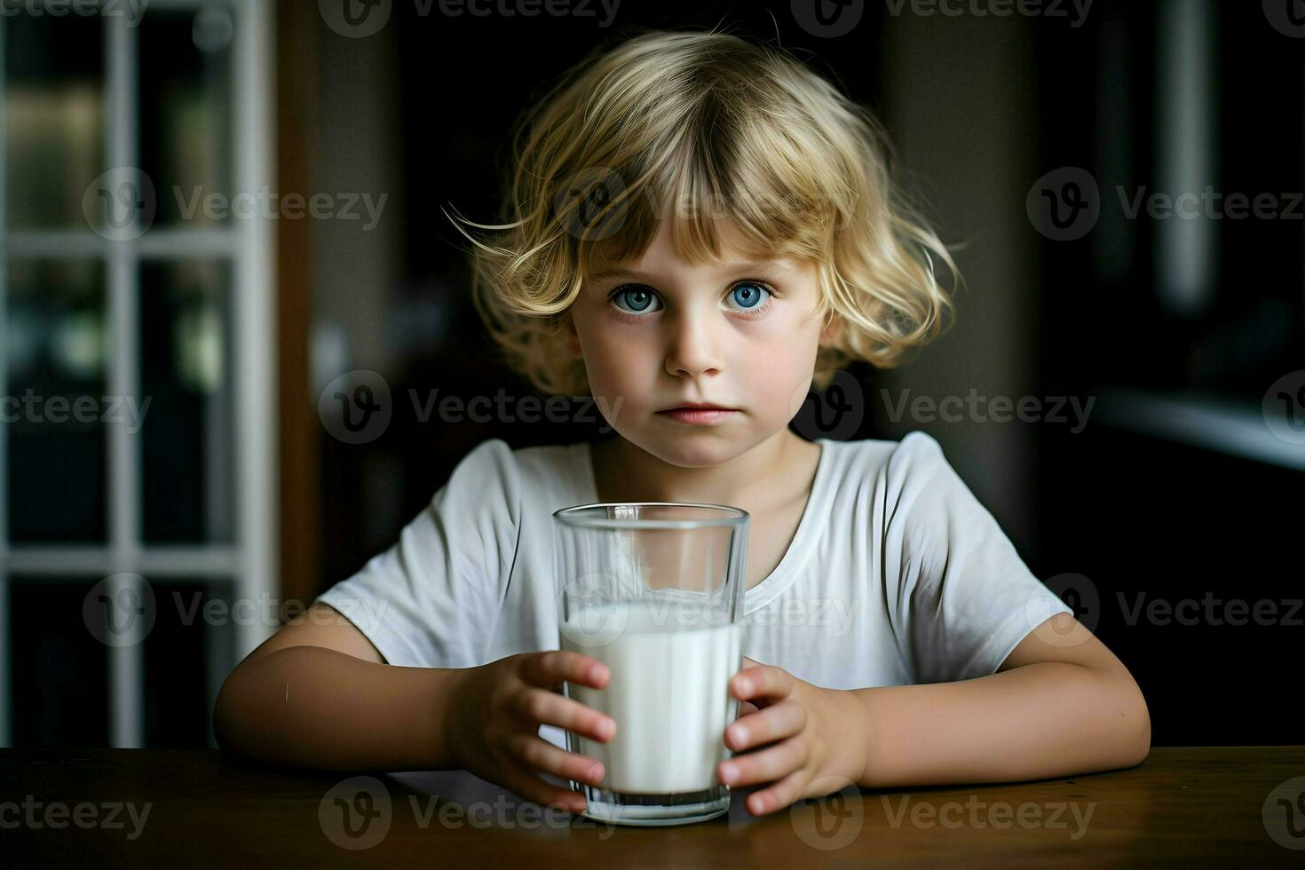 A cute blonde child with blue eyes and a glass of milk. High-resolution. AI Generative photo