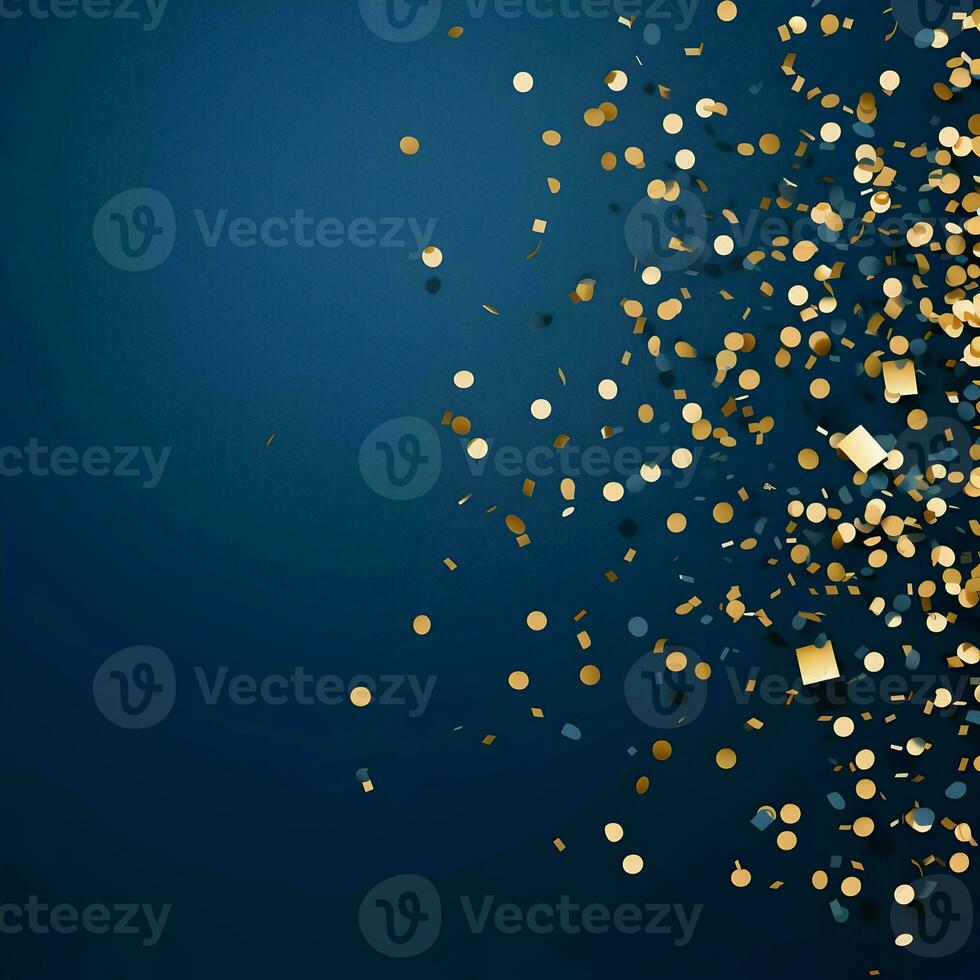 Blue flat background with gold confetti on the blue background. High quality. AI Generative photo