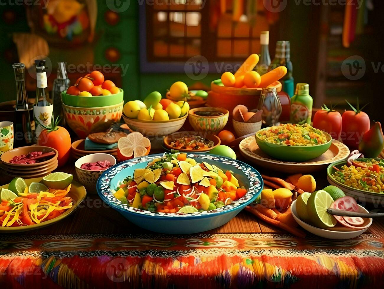Colorful bright table with lots of food. High-resolution. AI Generative photo