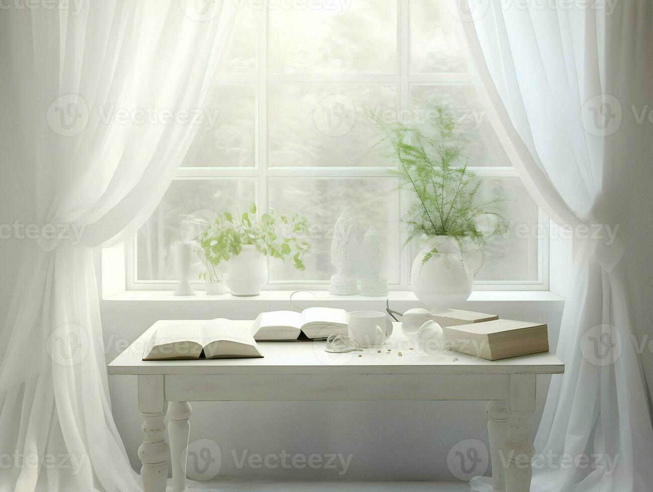 White room window next to the white table with white curtains. High quality. AI Generative photo