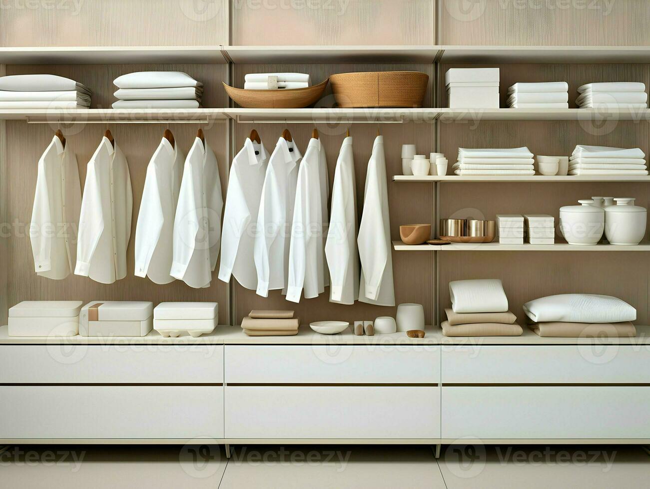 Close-up cinematic shot of the open white minimalistic wardrobe. High-resolution. AI Generative photo
