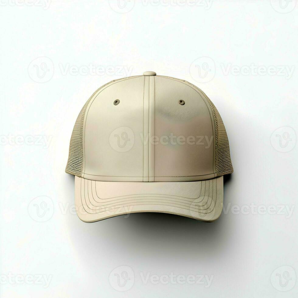 Frontal mockup of a sand-colored trucker cap. High quality. AI Generative photo