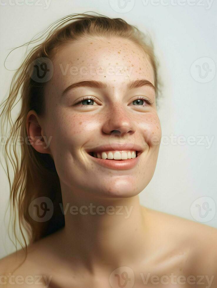 Close-up photo of a young smiling woman. High quality. AI Generative