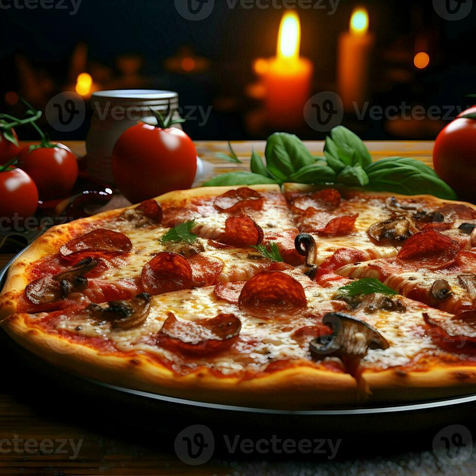 Close-up photo of a tasty pizza with tomatoes on the table in the restaurant. High quality. AI Generative