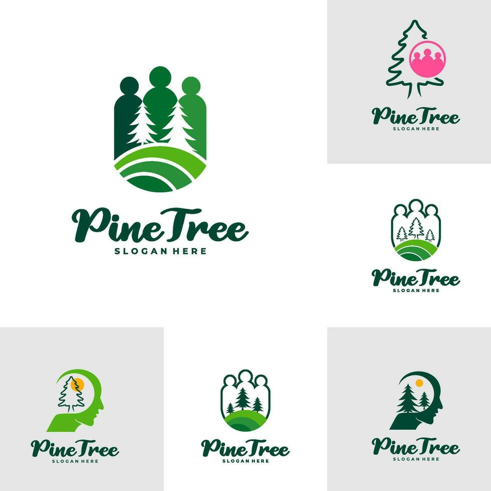 Set of Pine Tree with People logo design vector. Creative Pine Tree logo concepts template vector