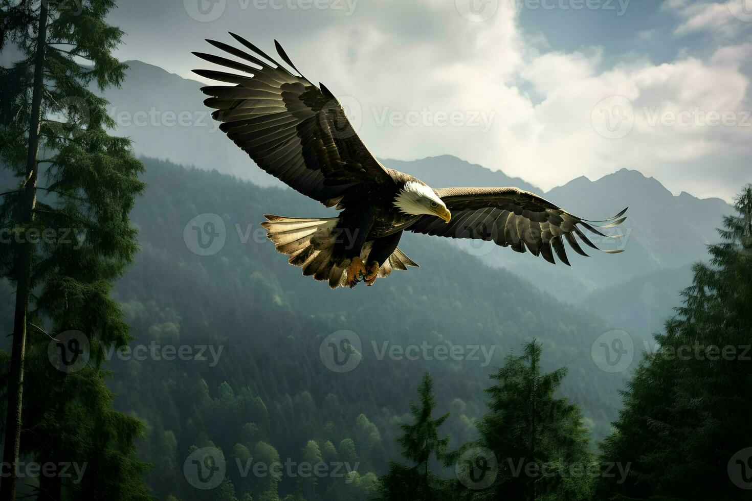 Realistic photo of an eagle over the forest. High-resolution. AI Generative