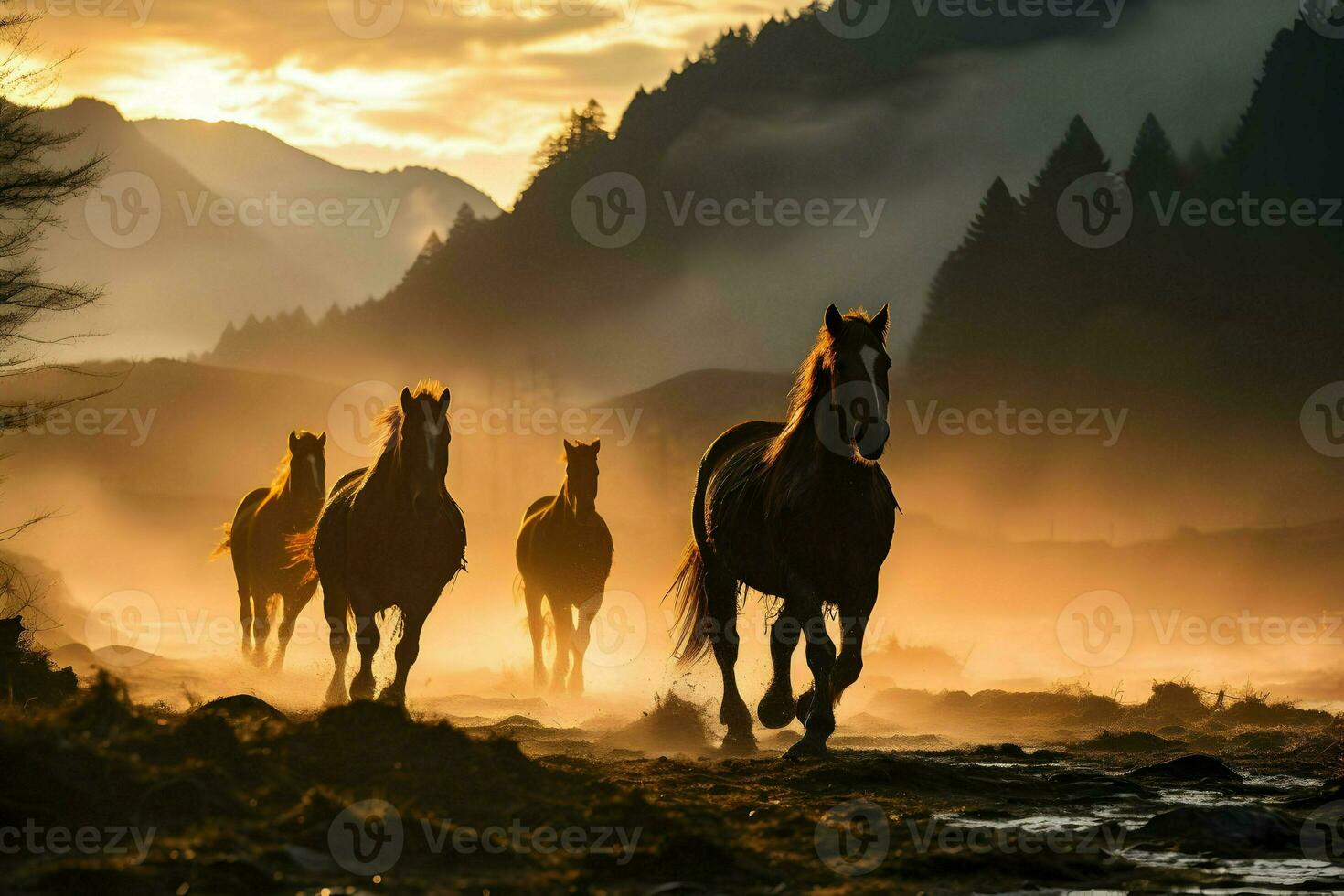 Running horses in mountains misty morning. High-resolution. AI Generative photo