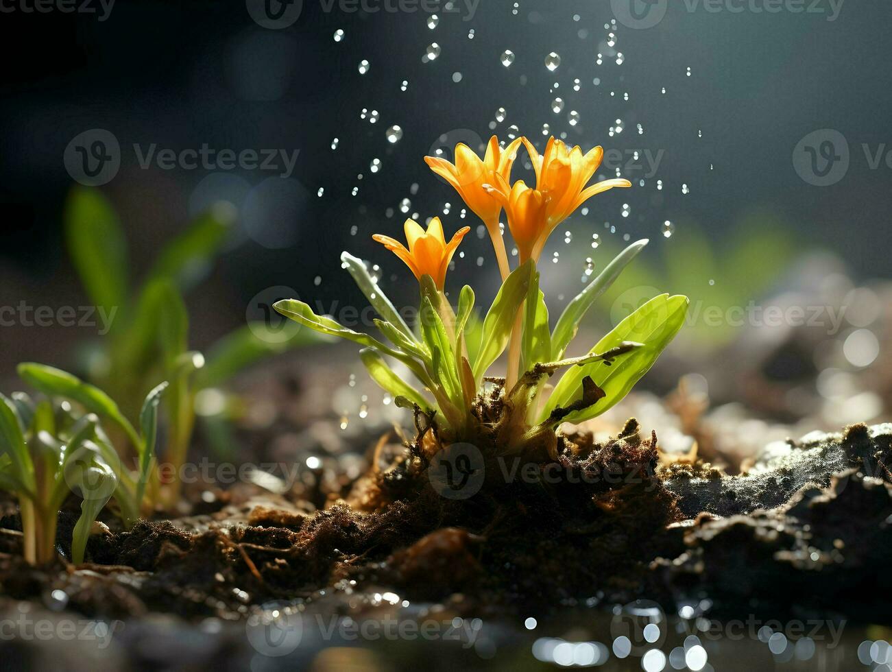 New life emerges in a wet spring season. High-resolution. AI Generative photo