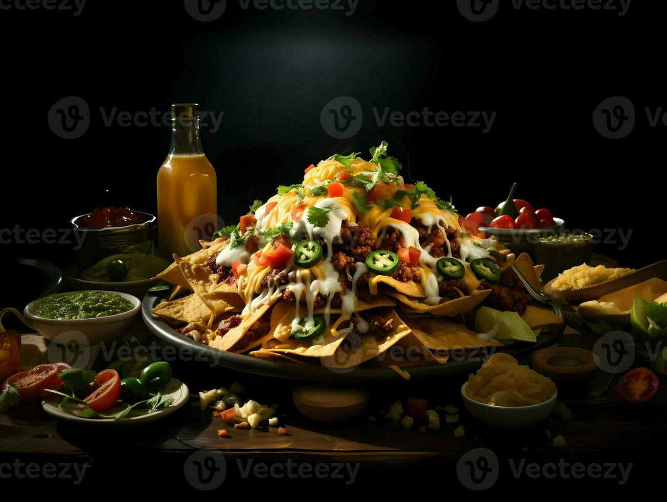 nachos en oscuro antecedentes. alto calidad. ai generativo foto