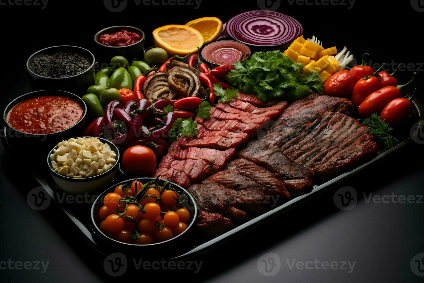 A grill with a variety of meats on it with vegetables. High quality. AI Generative photo