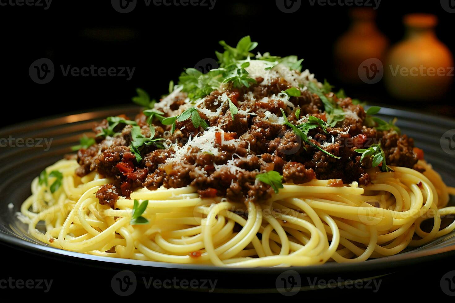 Fresh pasta with hearty bolognese and parmesan cheese. High-resolution. AI Generative photo