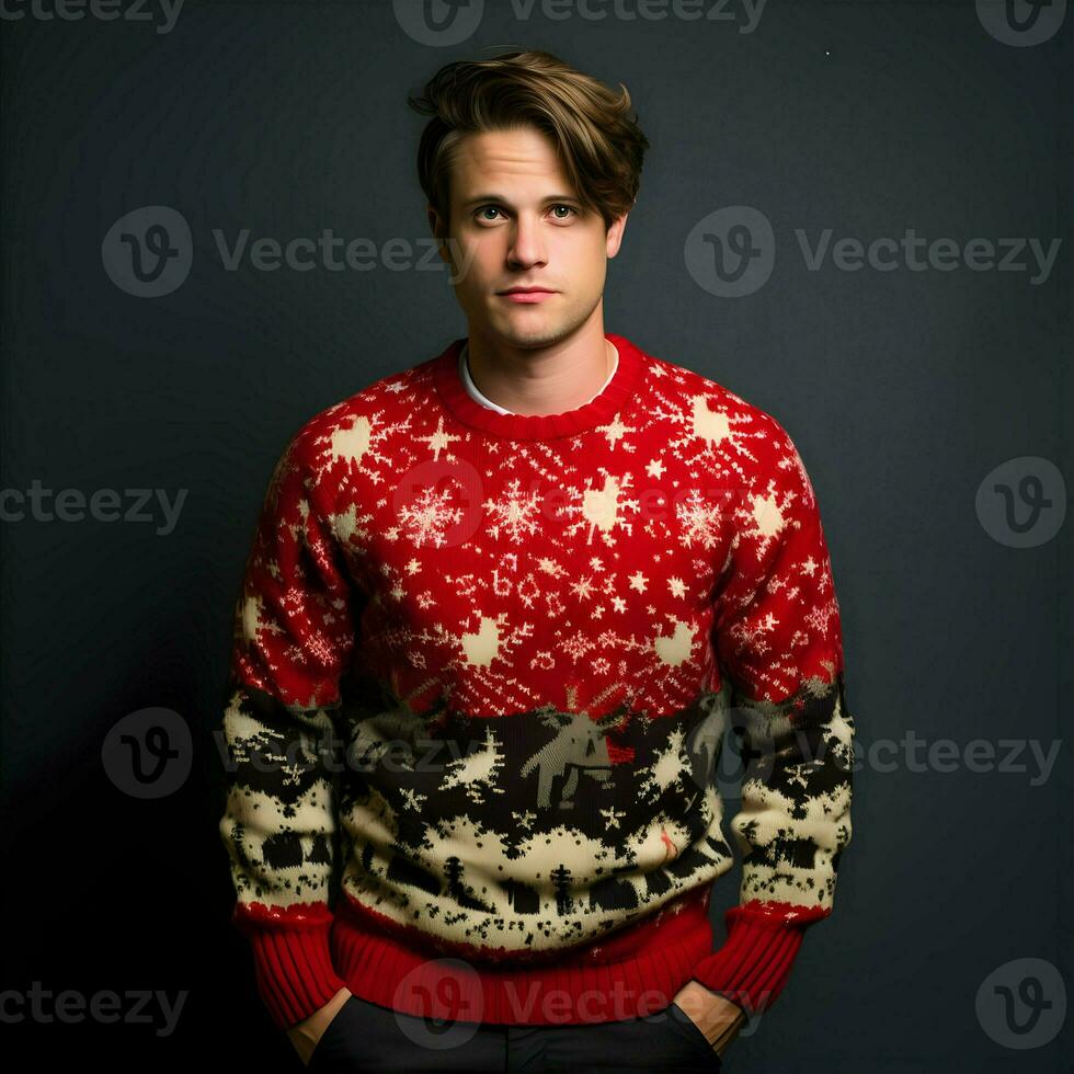 Man in National Ugly Christmas Sweater Day. High-resolution. AI Generative photo