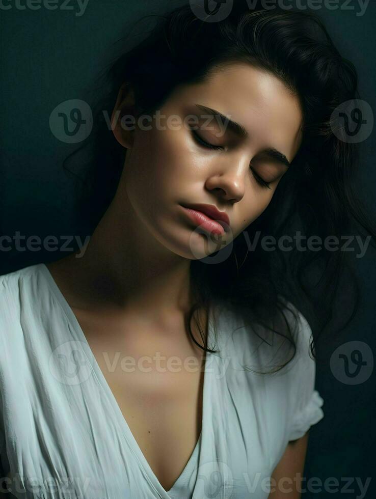 Close-up photo of a depressed woman side views minimalism. High-resolution. AI Generative
