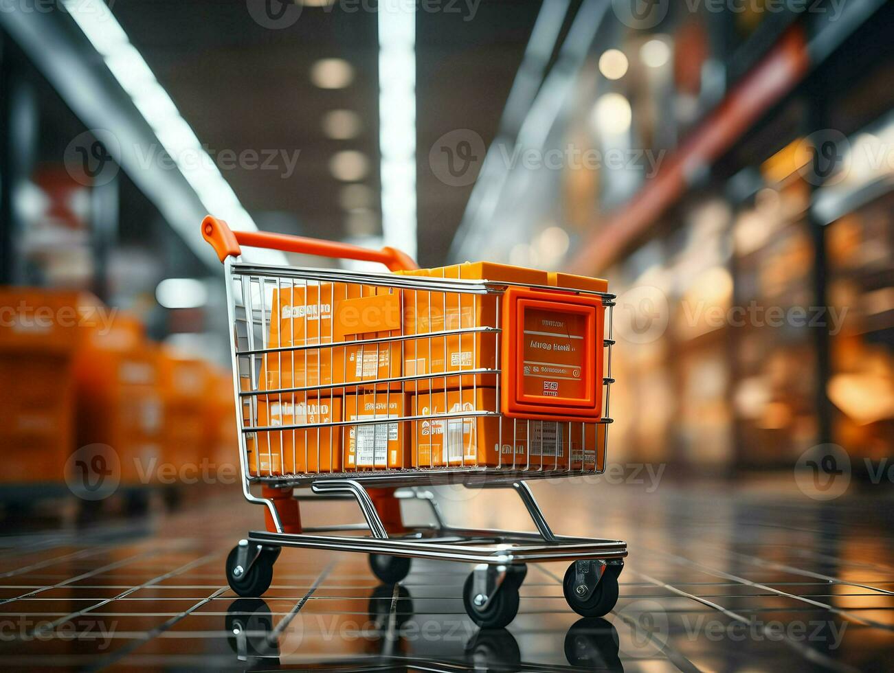 Focus on shopping cart full of orange cardboard boxes. High quality. AI Generative photo