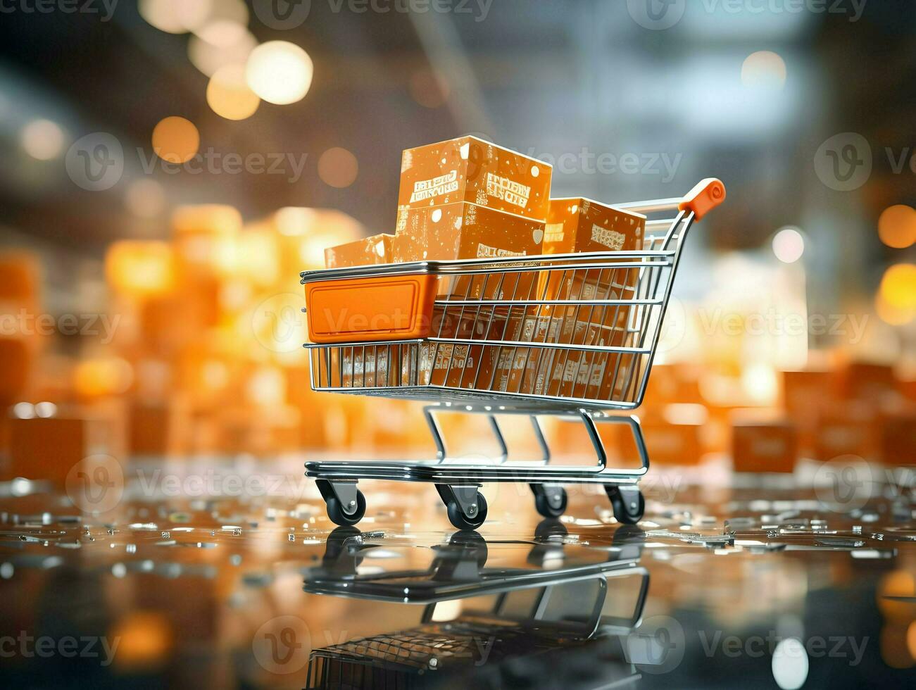 Focus on shopping cart full of orange cardboard boxes. High-resolution. AI Generative photo