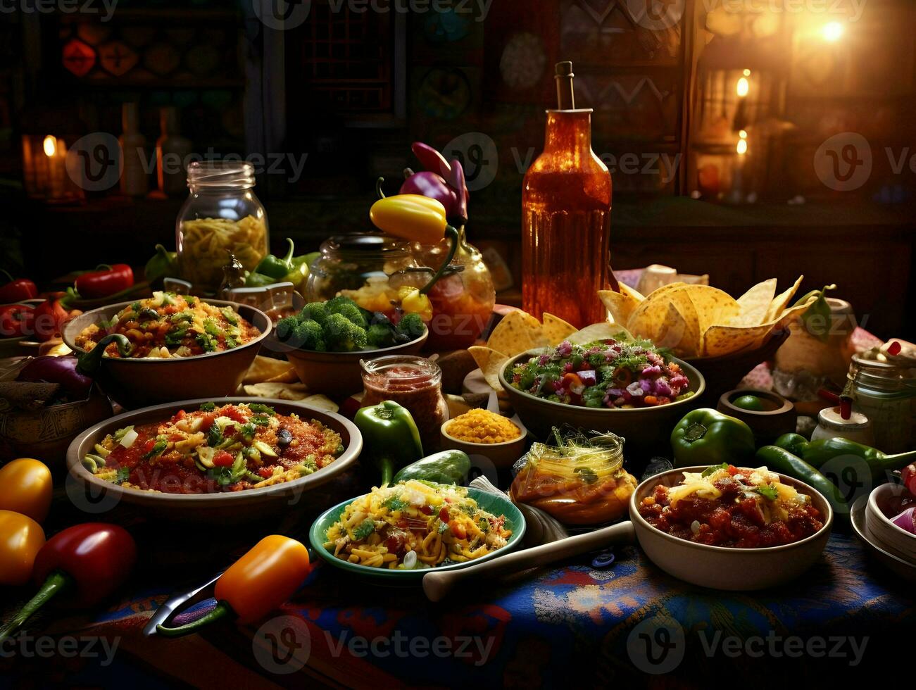 Festival table with Mexican food. High quality. AI Generative photo