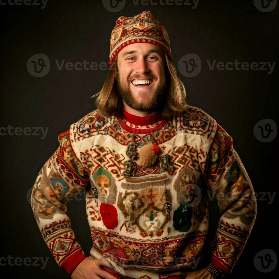 National Ugly Christmas Sweater Day happy man. High quality. AI Generative photo