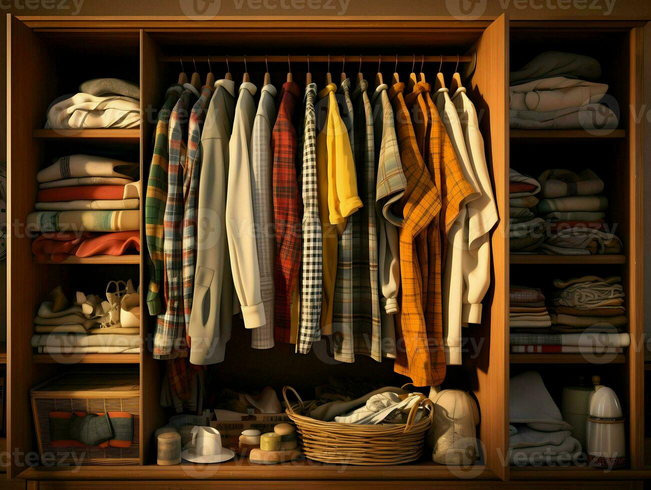Close-up cinematic shot of the open wardrobe neatly. High quality. AI Generative photo