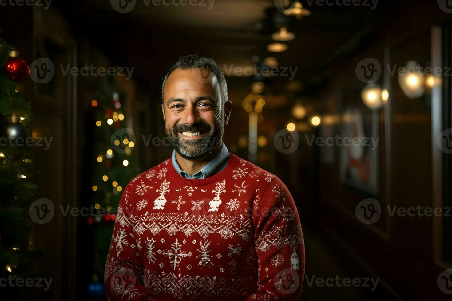 Happy businessman on a red background in Ugly Christmas Sweater. High quality. AI Generative photo