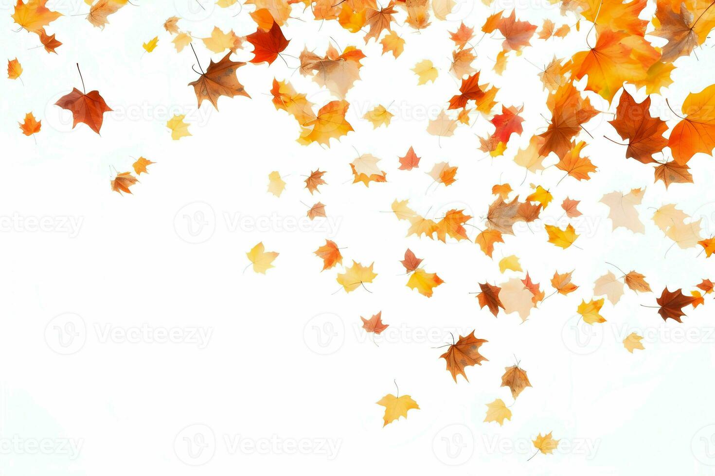 Hundreds of autumn leaves fall and fly on a white background. High-resolution. AI Generative photo