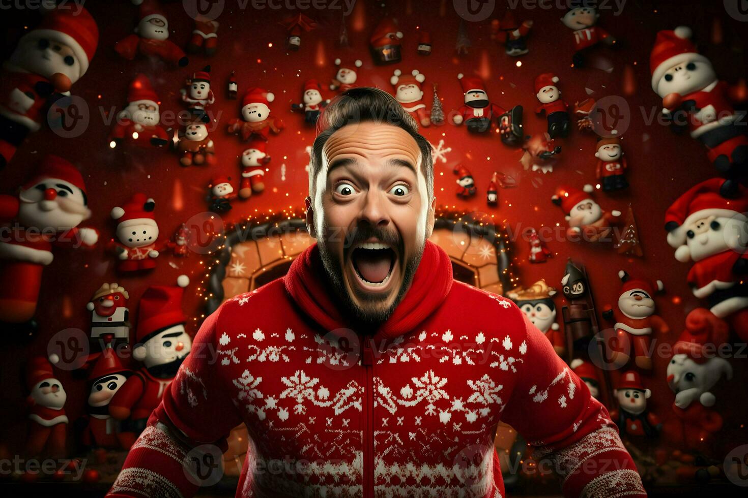 National Ugly Christmas Sweater Day happy man on red background. High-resolution. AI Generative photo