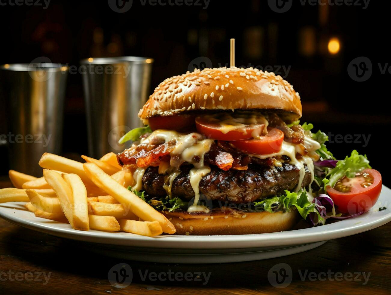 Grilled beef burger with fries. AI Generative photo
