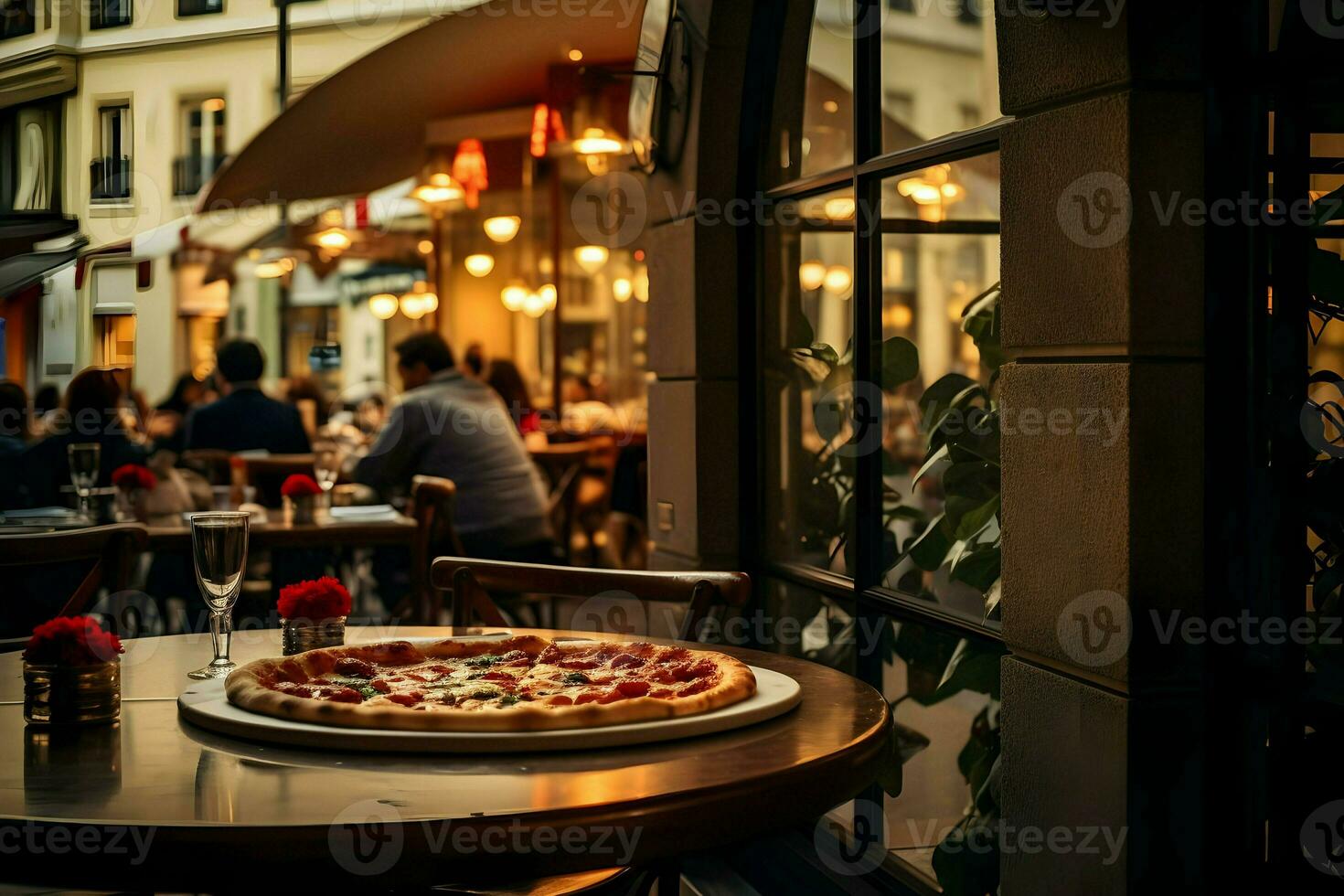Photo of an Italian restaurant with pizza. High-resolution. AI Generative