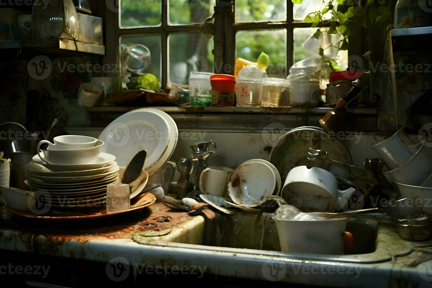 Dirty dishes at the kitchen. High quality. AI Generative photo