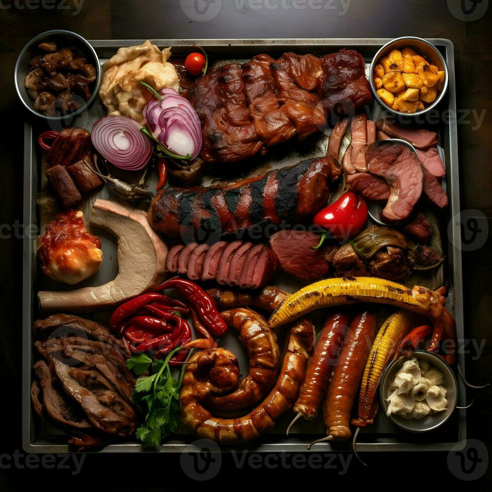 Top view of a grill with a variety of meats on it. High-resolution. AI Generative photo