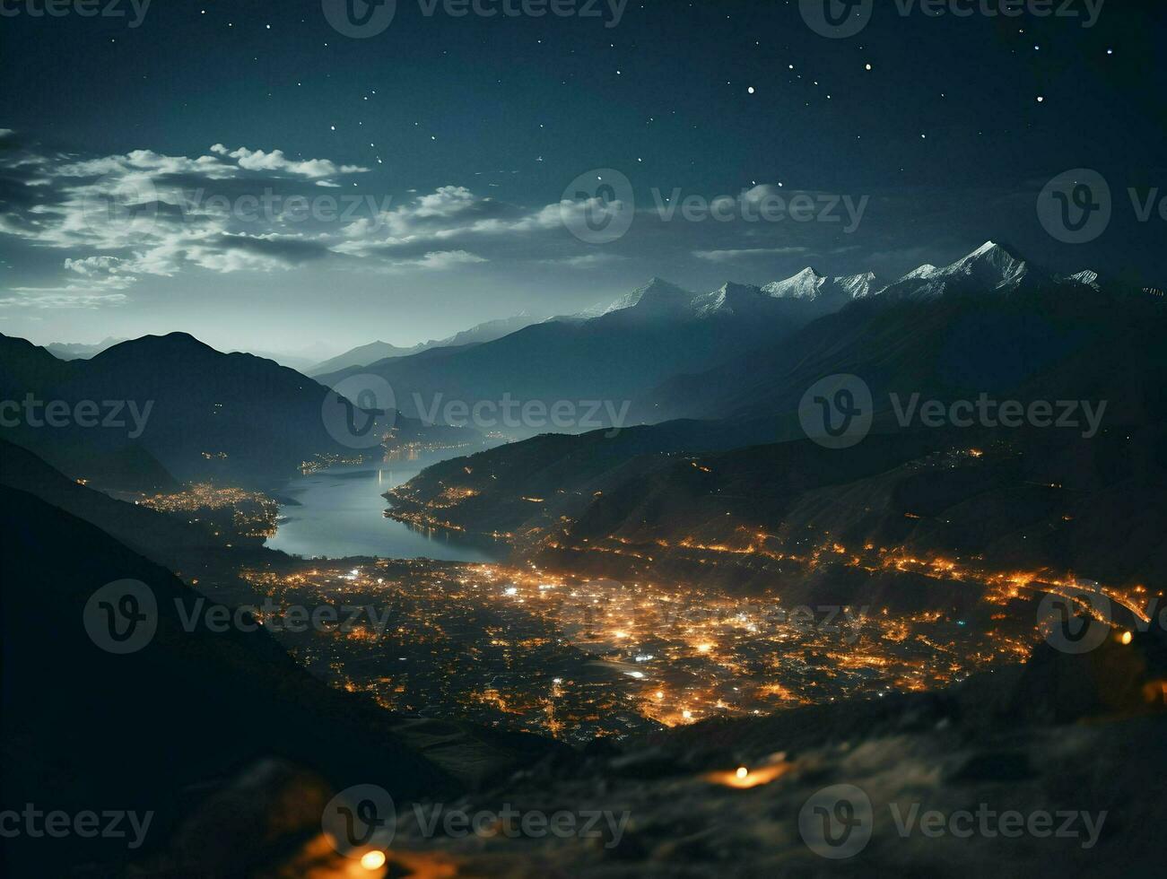 de cerca cinematográfico Disparo Noche en el ciudad en montañas. alto calidad. ai generativo foto