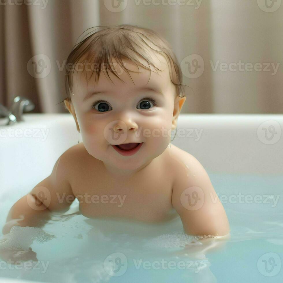 Cute baby in bathrub. High quality. AI Generative photo