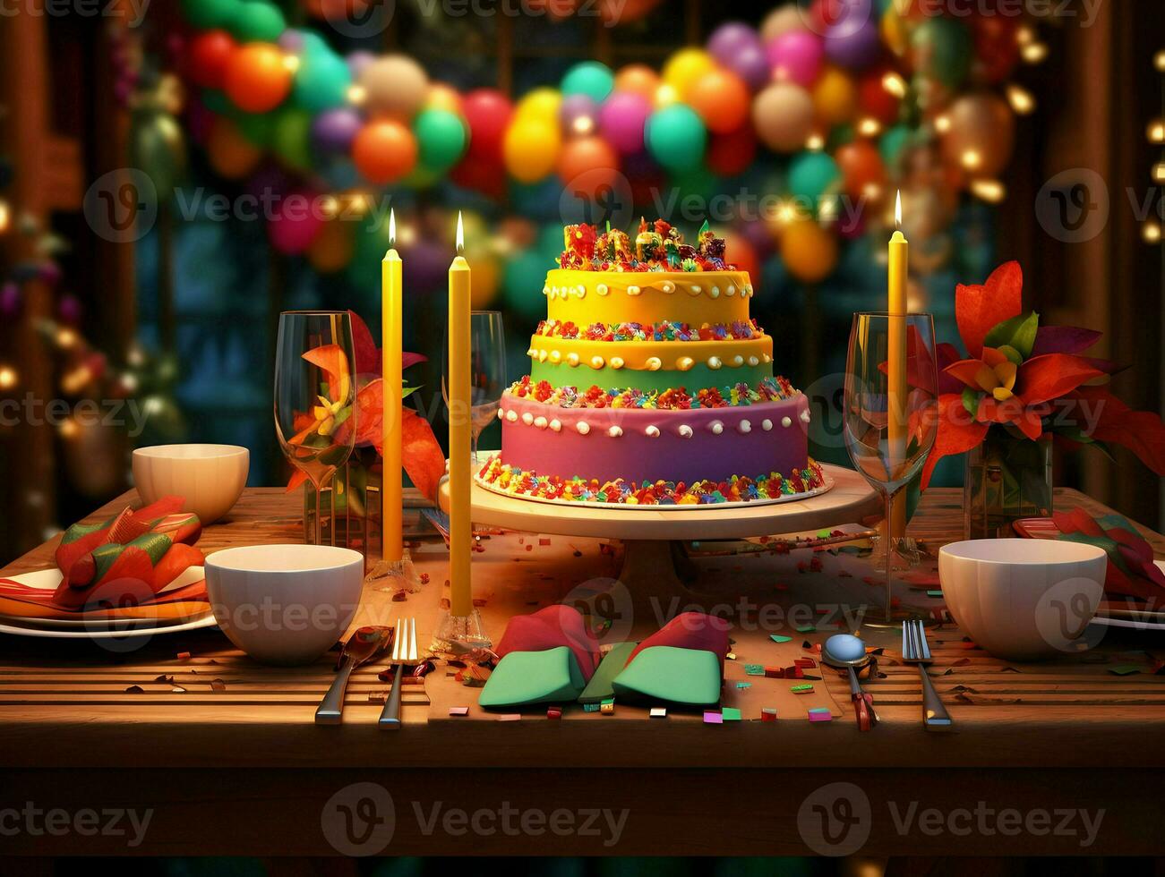 Festive table with cake and candles colorful. High-resolution. AI Generative photo