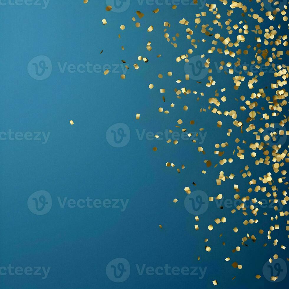 Blue flat background with gold confetti on the blue background. High quality. AI Generative photo