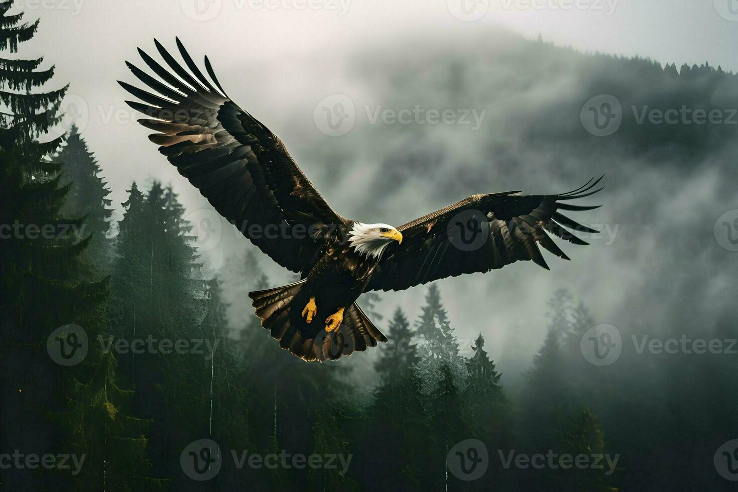 Photo of an eagle over the forest in mist. High quality. AI Generative