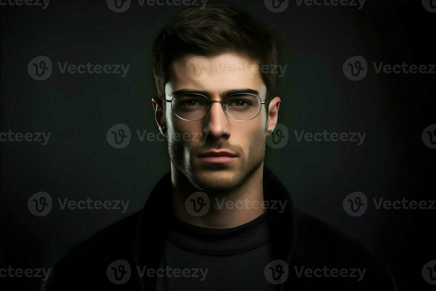 Photo of man at the dark background in specs minimalism. High-resolution. AI Generative
