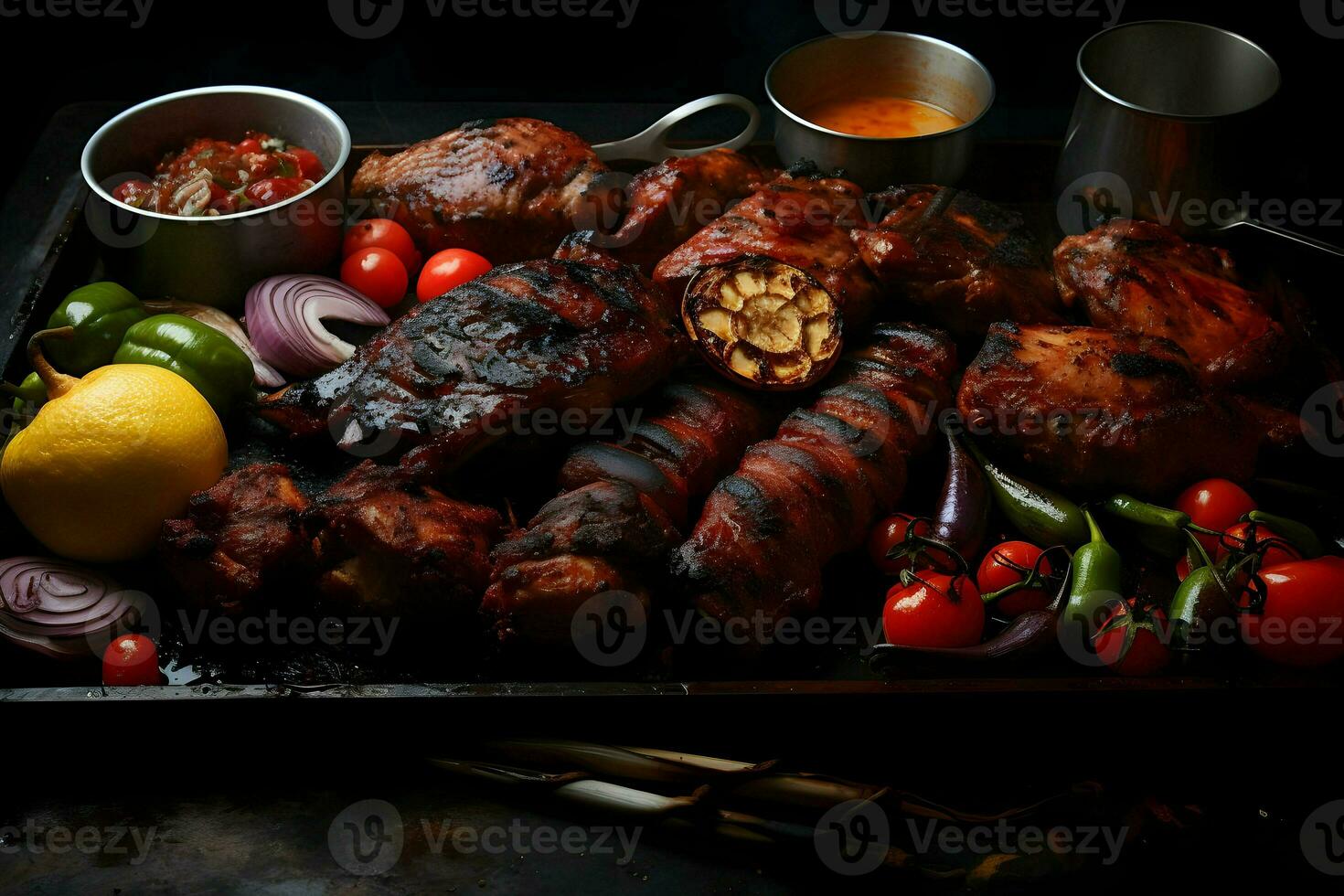 un parrilla con un variedad de carnes en eso con souses. alta resolución. ai generativo foto