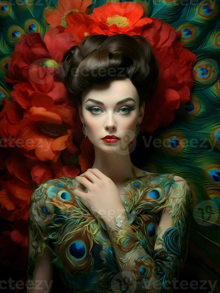 Woman in peacock costume. High-resolution. AI Generative photo