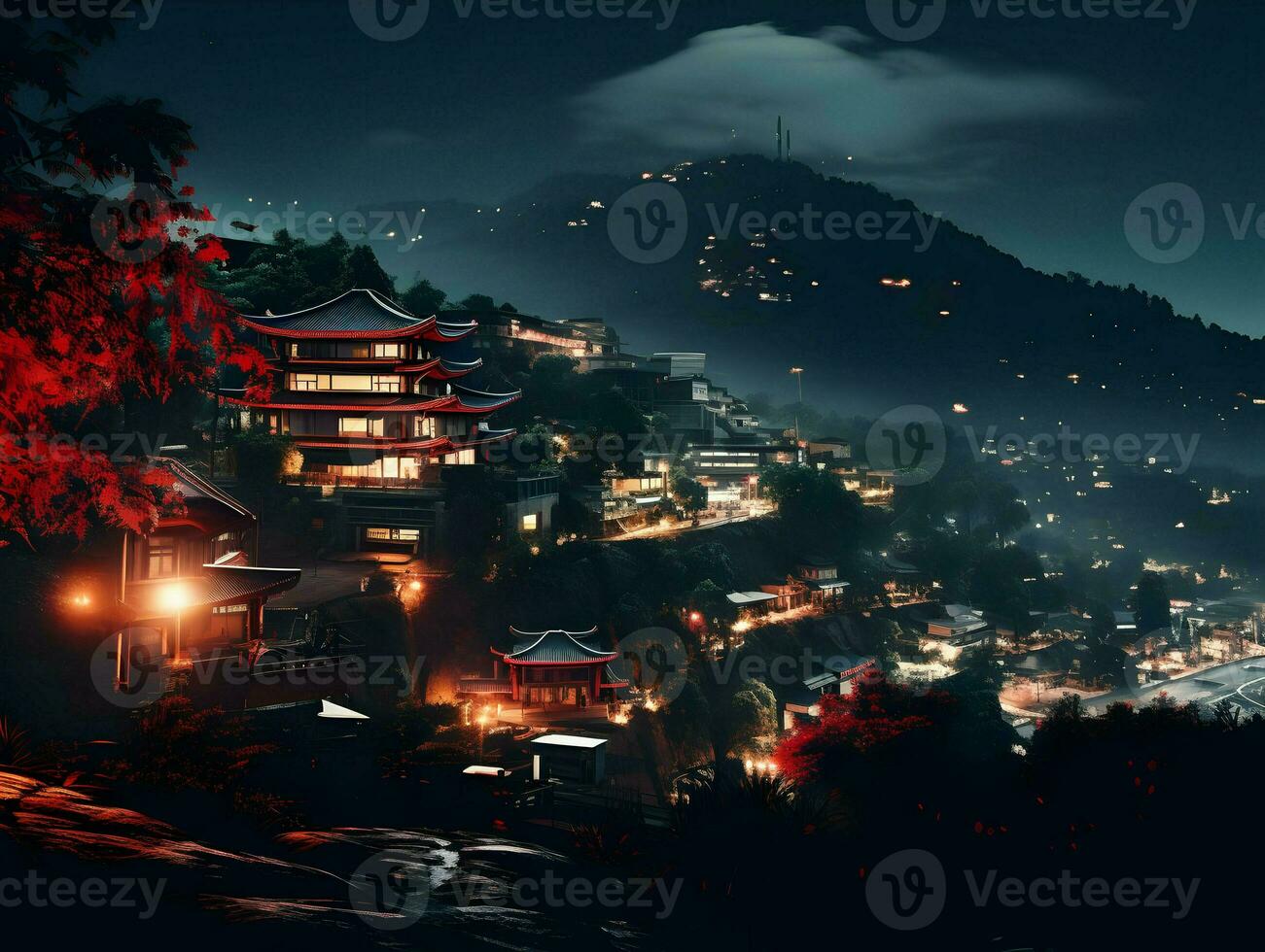 Close-up cinematic shot nighttime in the city in mountains. High-resolution. AI Generative photo