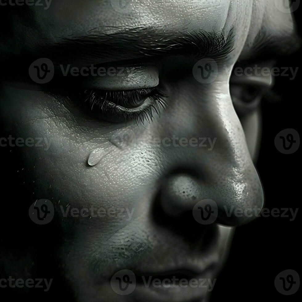 Depressed crying man side close up view minimalism black and white. High quality. AI Generative photo