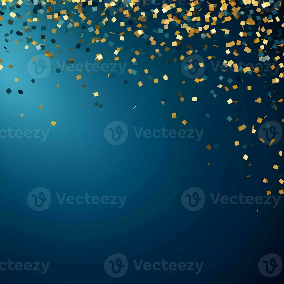 Blue flat background with gold confetti on the blue background. High-resolution. AI Generative photo