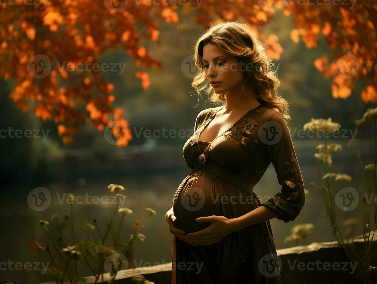 A pregnant woman in the autumn park. High-resolution. AI Generative photo