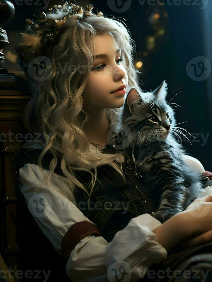 Side view of cute girl holding cat. High quality. AI Generative photo