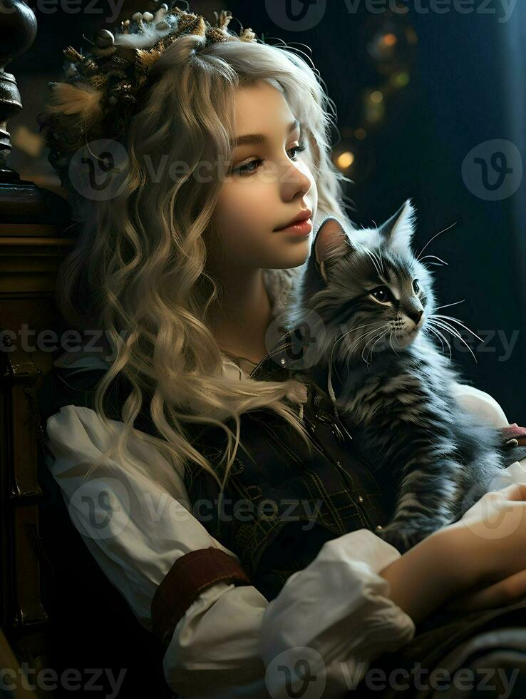 Side view of cute girl holding cat. High quality. AI Generative photo