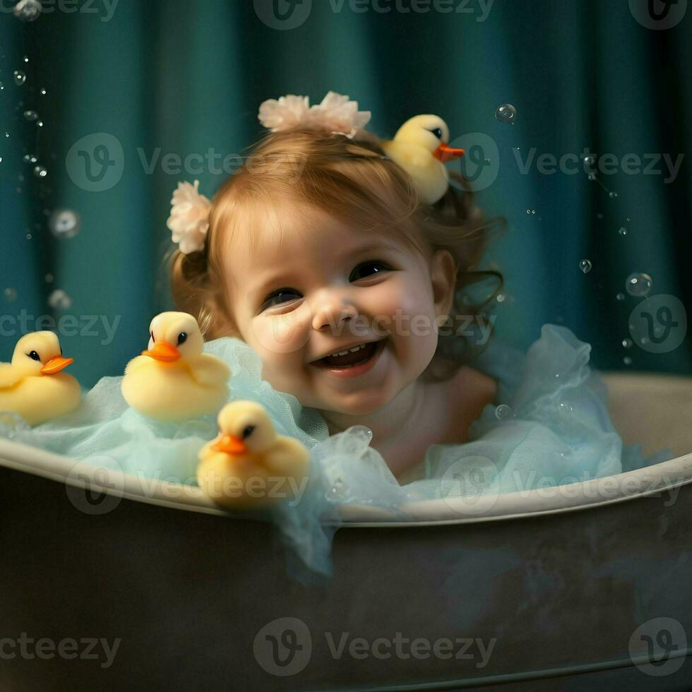 Cute baby in the bathtub with ducks and material. High-resolution. AI Generative photo