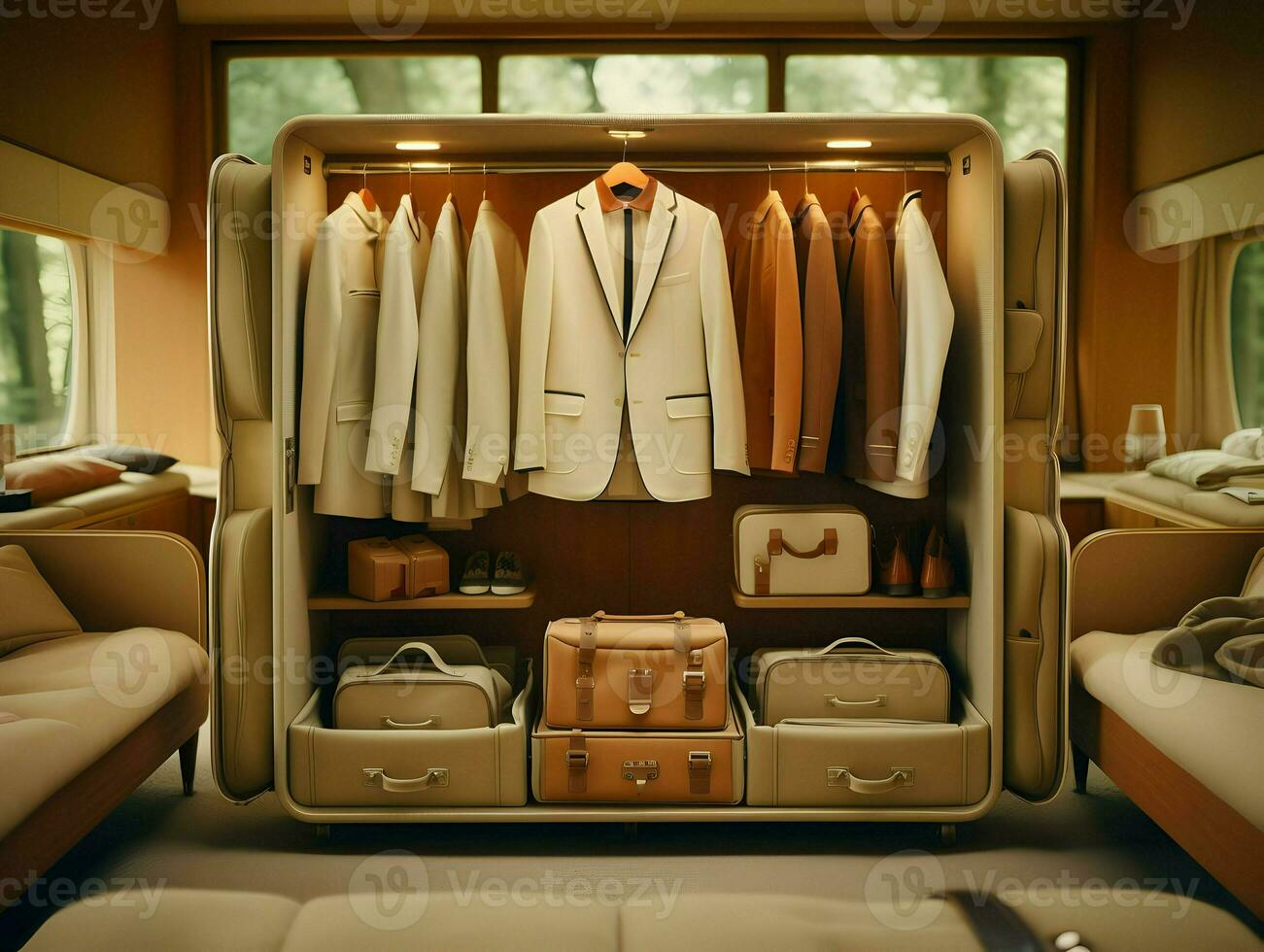Close-up cinematic shot of the open white wardrobe. High quality. AI Generative photo