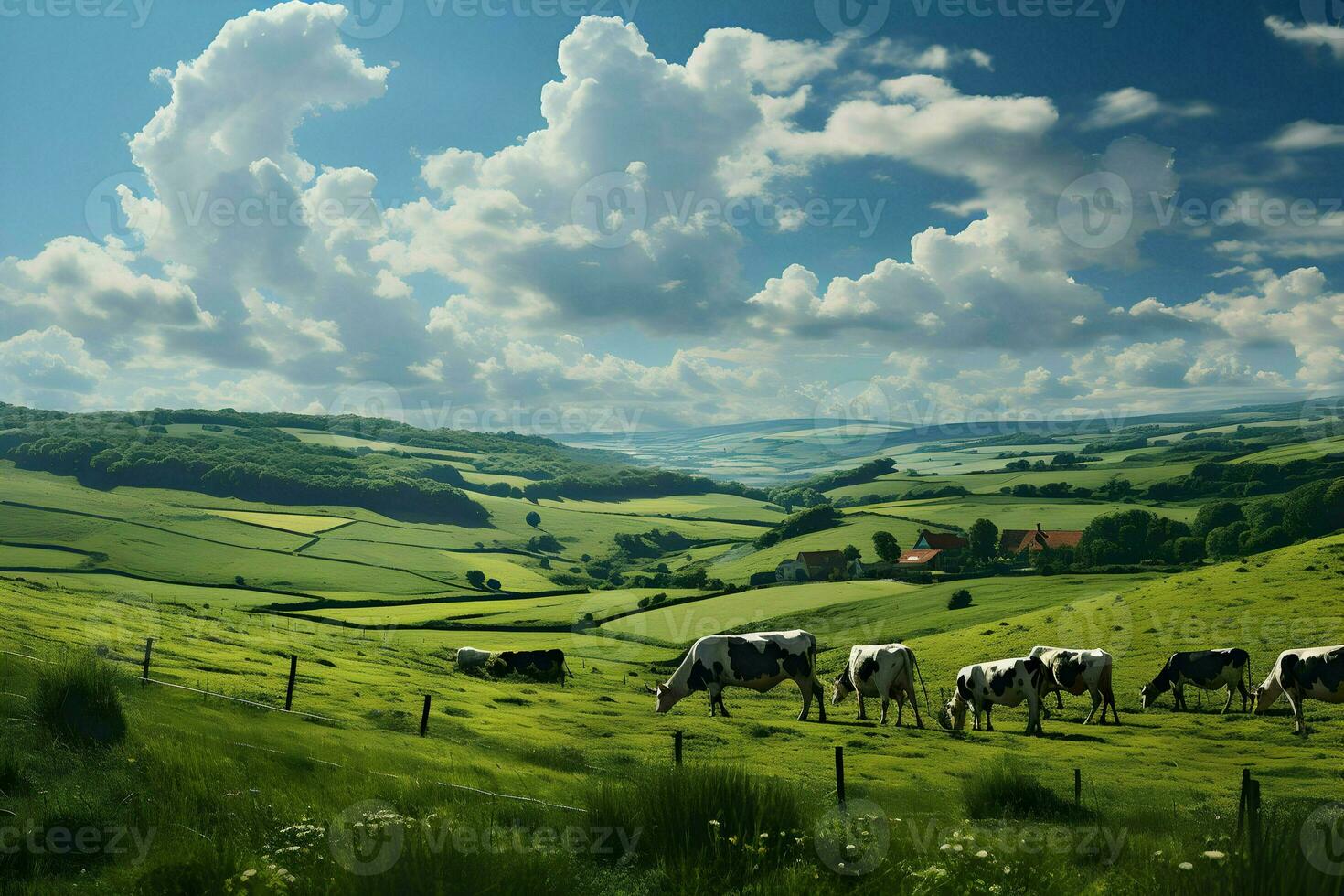 Cows grazing in the fields. High quality. AI Generative photo